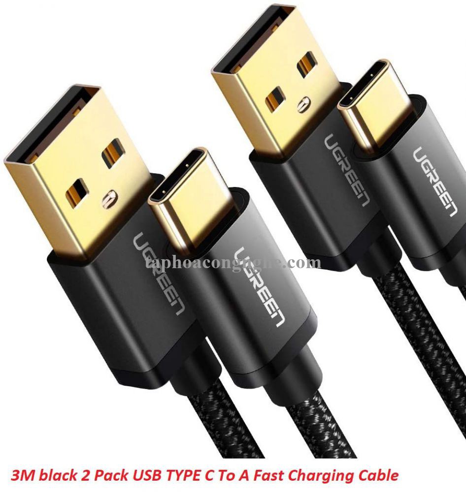 Ugreen 50878 3M màu đen bao có 2 sợi cáp USB TYPE C ra A hỗ trợ sạc nhanh mạ vàng 24K US174 30050878